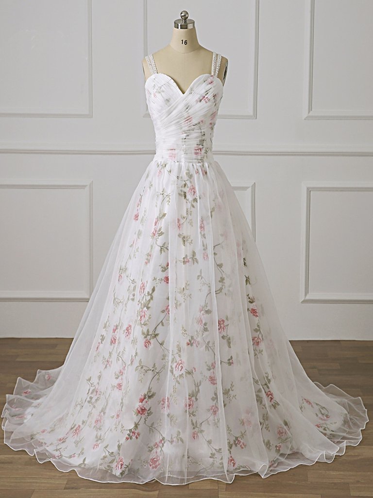 Beautiful White Floral Beaded Straps Long Formal Dress, A-line Floor L BeautyDressy Beautiful White Floral Beaded Straps Long Formal Dress, A-line Floor L BeautyDressy