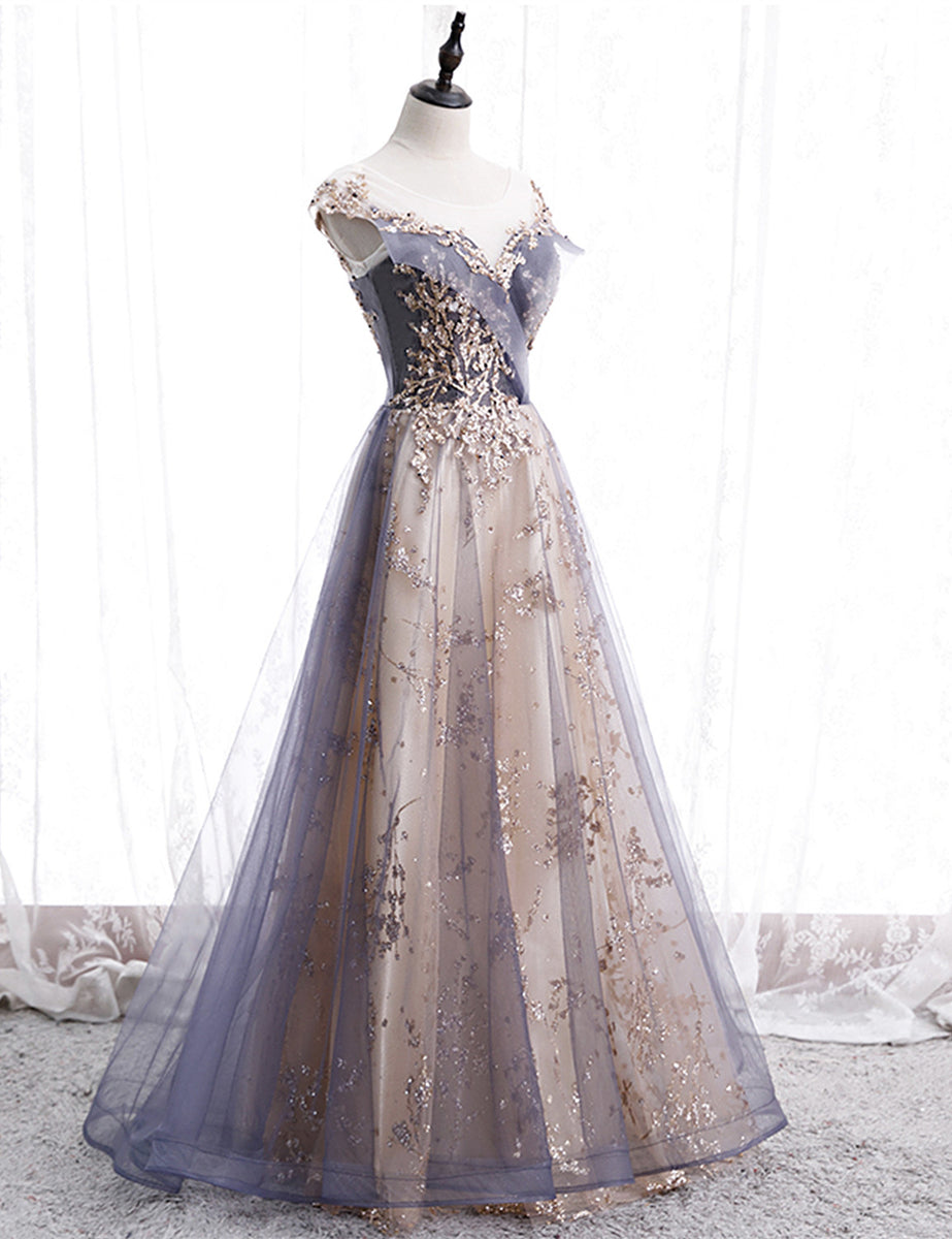 Beautiful A-line Tulle with Lace Applique Party Dress, Tulle Long Prom
