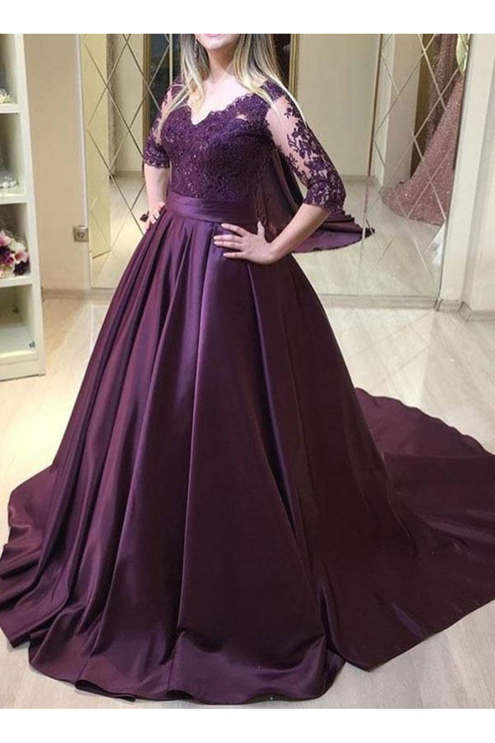 Purple Satin 1/2 Sleeves Lace Top Long Formal Dress, Purple Evening Dr BeautyDressy Purple Satin 1/2 Sleeves Lace Top Long Formal Dress, Purple Evening Dr BeautyDressy