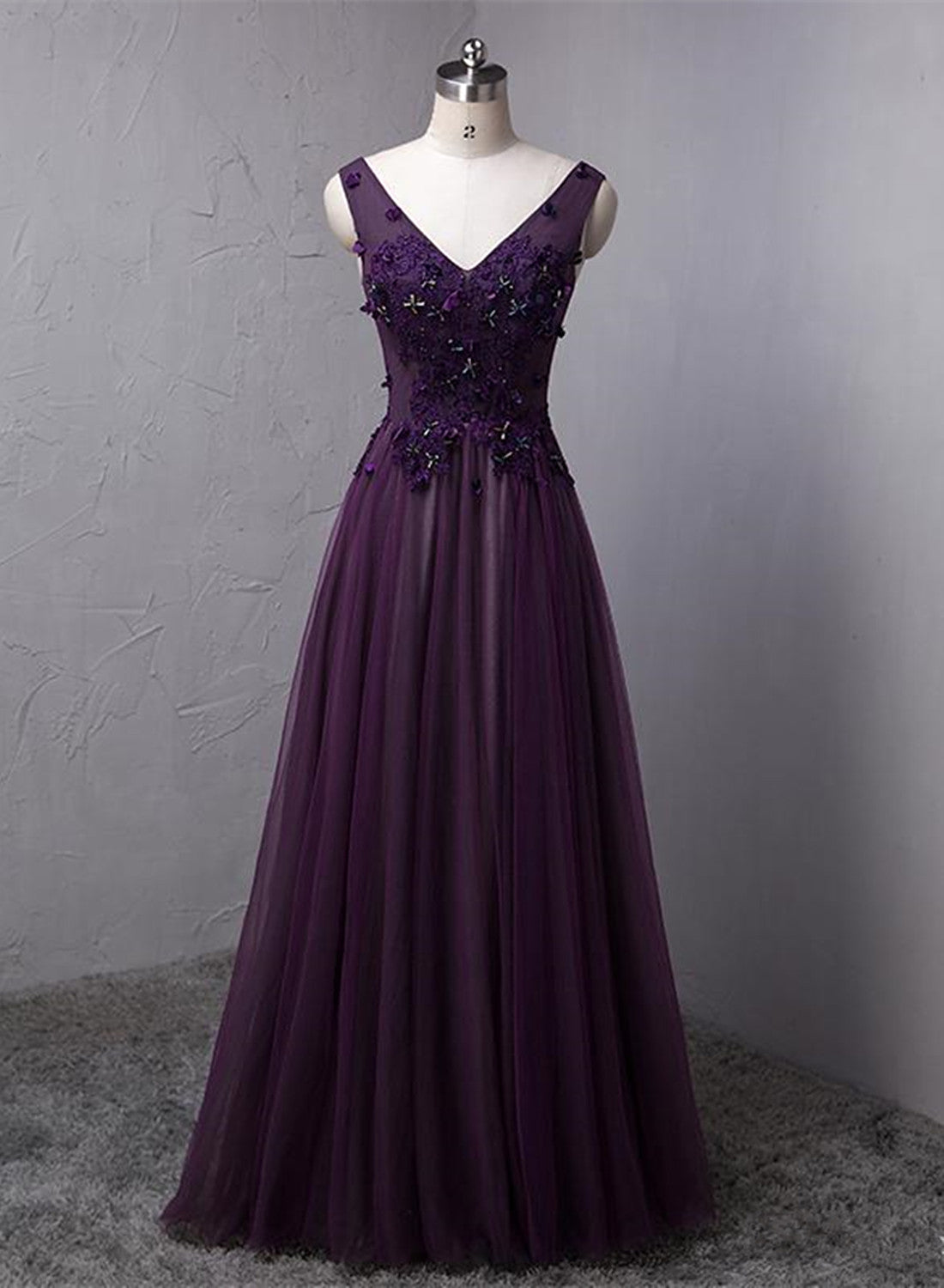Dark Purple V-neckline Beaded Tulle Long Formal Dress, Purple Evening Dress US size 10 / Purple