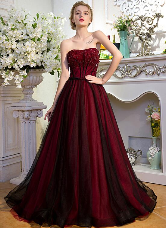 Red and Black Scoop Tulle Long Party Dress with Beadings, Long Tulle A-Line Formal Dress US Size 4 / Red and Black