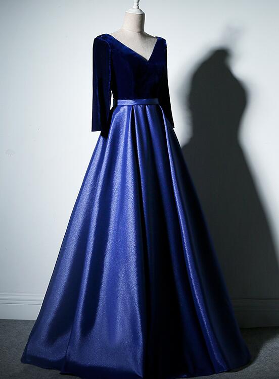 Pretty Royal Blue Long Sleeves Satin with Velvet Party Dress, A-line Long Prom Dress US size 18W / Blue Pretty Royal Blue Long Sleeves Satin with Velvet Party Dress, A-line Long Prom Dress US size 18W / Blue