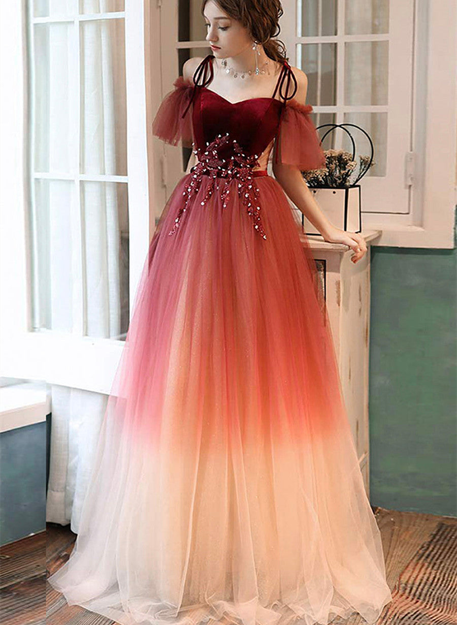 fitted lace wedding dress Dark Red Gradient Tulle Off Shoulder Long Party Dress, Dark Red Evening Dress US Size 6 / Dark Red