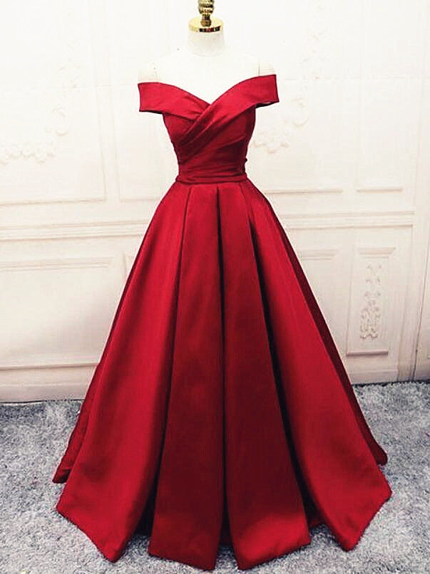 off the shoulder prom dress red Fashionable Dark Red Satin Simple Off Shoulder Prom Dress, Red Party Dress Evening Dress US size 14 / Red